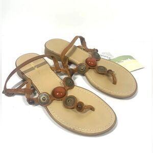 Thom McAn Beaded Brown Leather Sandal Stone Metal Ankle Strap Women Size 7 NWT